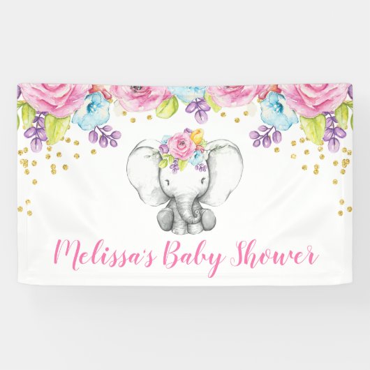 Aquarellblume Elefant Babydusche Banner (Horizontal)
