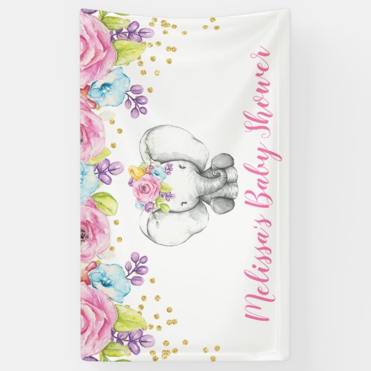 Aquarellblume Elefant Babydusche Banner (Vertikal)
