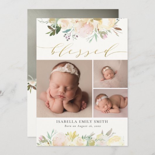 Aquarellblume Elegante Script Kalligraphie Geburt Ankündigung (Vorne/Hinten)