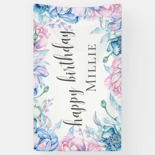 Aquarellblume Elegantes Bauernhaus Happy Birthday Banner (Vertikal)