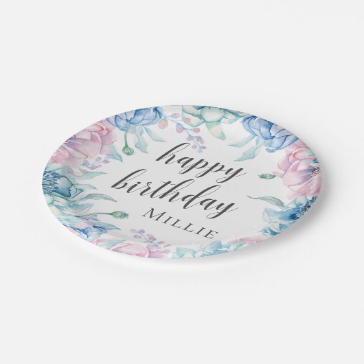 Aquarellblume Elegantes Bauernhaus Happy Birthday Pappteller (Schrägansicht)
