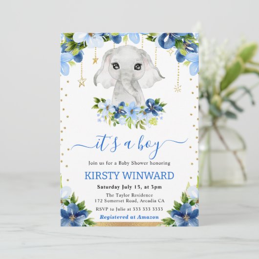 Aquarellblume Elephant Boy Baby Dusche Einladung (Stehend Vorderseite)