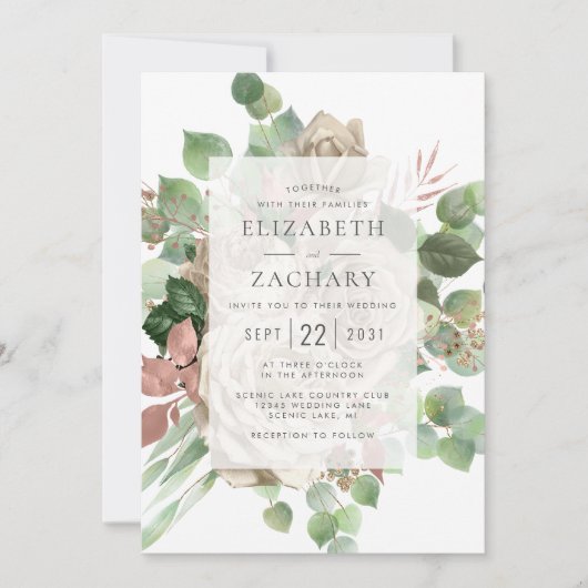 Aquarellblume Elfenbeinblume Rose Eukalyptus Weddi Einladung (Vorderseite)