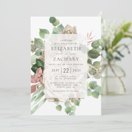 Aquarellblume Elfenbeinblume Rose Eukalyptus Weddi Einladung (Stehend Vorderseite)