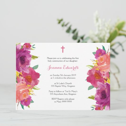 Aquarellblume Erste Kommune Personalisiert Einladung (Stehend Vorderseite)