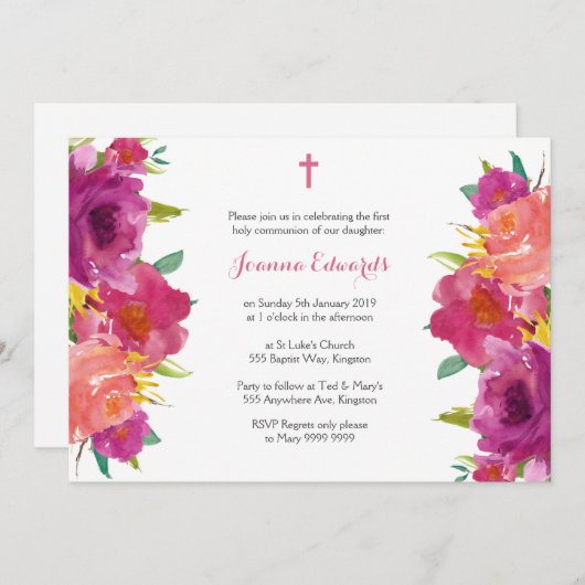 Aquarellblume Erste Kommune Personalisiert Einladung (Vorne/Hinten)