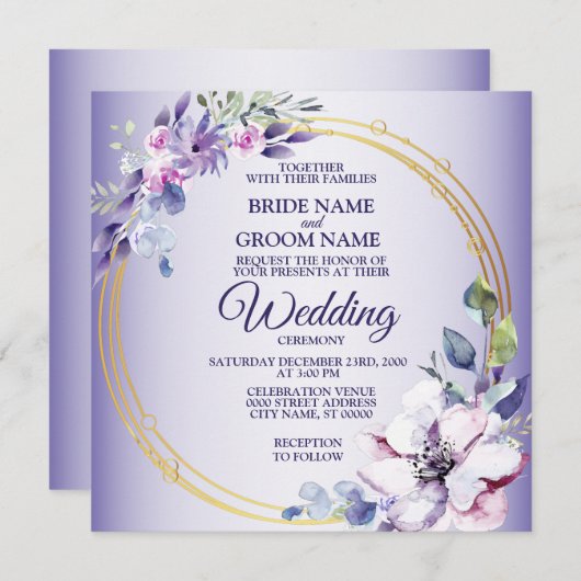 Aquarellblume Goldene geometrische Lila Hochzeit Einladung (Vorne/Hinten)