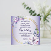 Aquarellblume Goldene geometrische Lila Hochzeit Einladung (Stehend Vorderseite)
