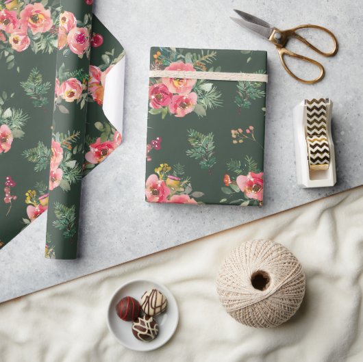 Aquarellblume | Grüne Weihnachtszeit Geschenkpapier (Kunsthandwerk)