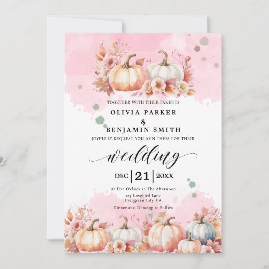 Aquarellblume Herbst Pink Pumpkin Hochzeit im Herb Einladung (Vorderseite)