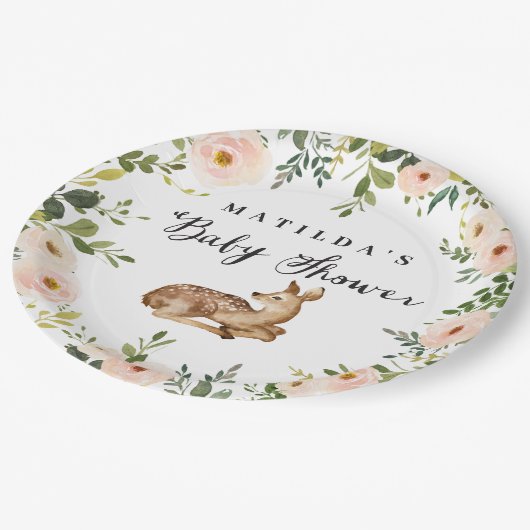 Aquarellblume Hirschwald Babydusche Party Pappteller (Schrägansicht)