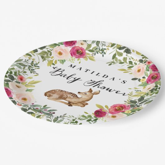 Aquarellblume Hirschwald Babydusche Party Pappteller (Schrägansicht)