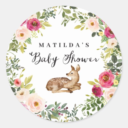 Aquarellblume Hirschwald Babydusche Party Runder Aufkleber (Vorderseite)