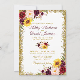 Aquarellblume Hochzeit Burgund Gold Glitzer Einladung