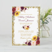 Aquarellblume Hochzeit Burgund Gold Glitzer Einladung (Stehend Vorderseite)