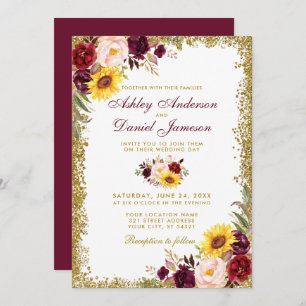 Aquarellblume Hochzeit Burgund Gold Glitzer Einladung