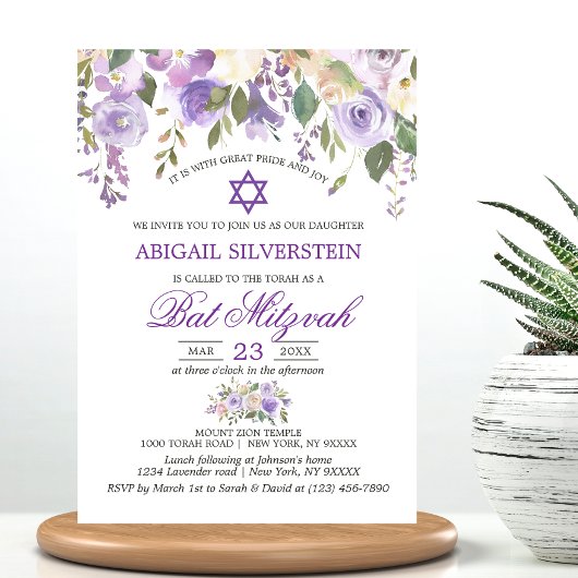 Aquarellblume Lavendel Lila Star Bat Mitzvah Einladung