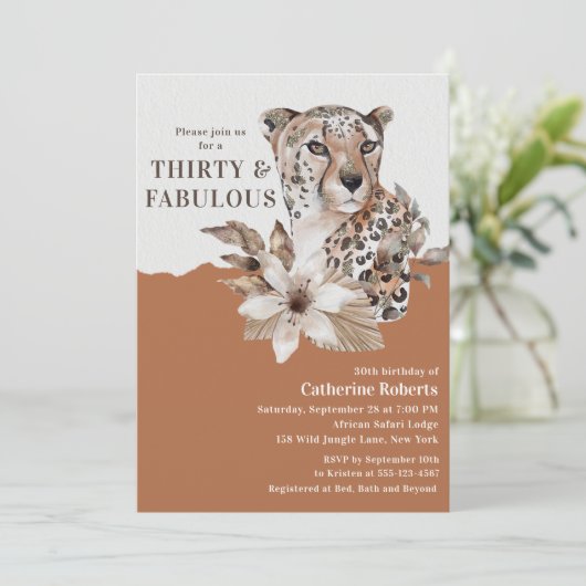 Aquarellblume Leopard 30. Geburtstag Einladung (Stehend Vorderseite)