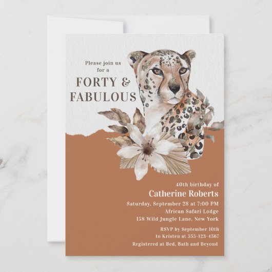 Aquarellblume Leopard 40. Geburtstag Einladung (Vorderseite)