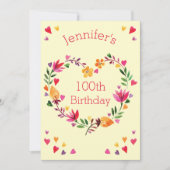 Aquarellblume Liebe Herzkranz 100. Geburtstag Einladung (Vorderseite)