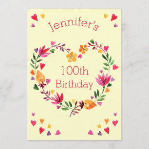 Aquarellblume Liebe Herzkranz 100. Geburtstag Einladung