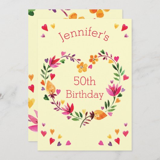 Aquarellblume Liebe Herzkranz 50. Geburtstag Einladung (Vorne/Hinten)