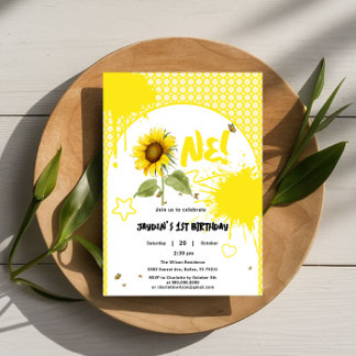 Aquarellblume mit Schmetterlingen 1. Geburtstag Einladung
