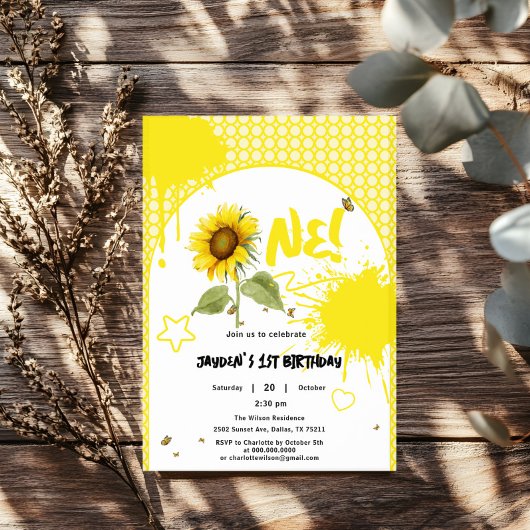 Aquarellblume mit Schmetterlingen 1. Geburtstag Einladung