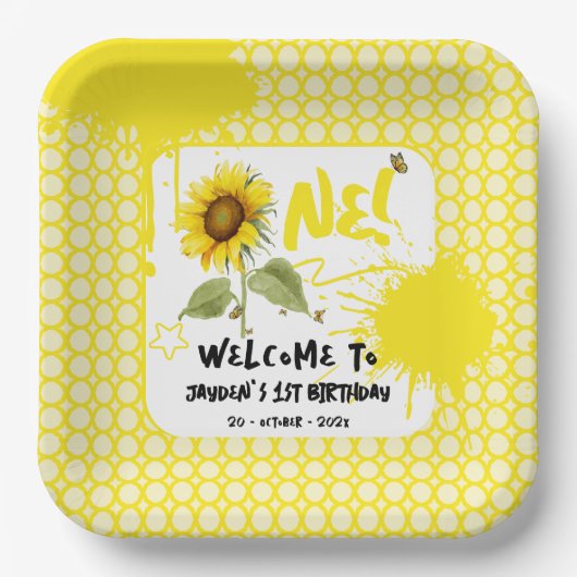 Aquarellblume mit Schmetterlingen 1. Geburtstag Pappteller (Vorderseite)