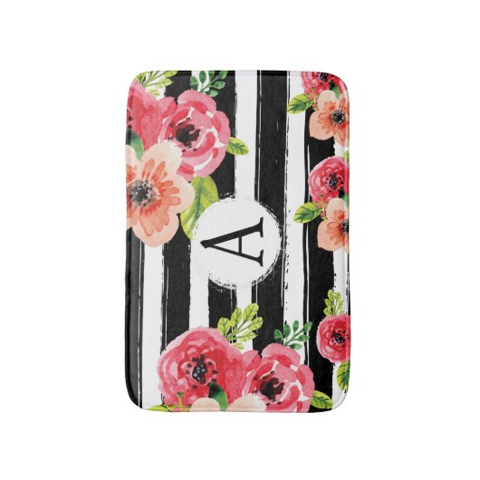 Aquarellblume mit Streifen und Monogramm Badematte (Vorderseite Vertikal)