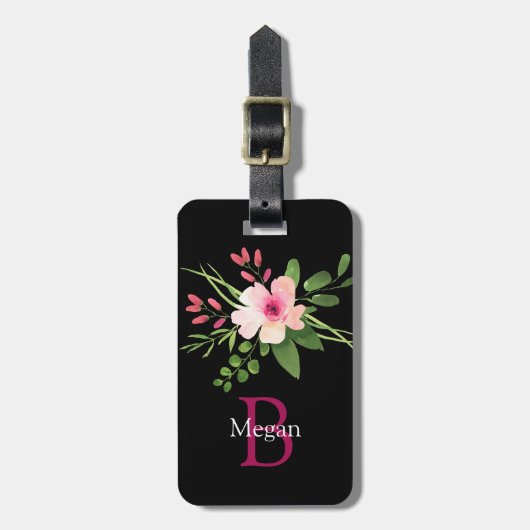 Aquarellblume, Name & Monogramm, Info Gepäckanhänger (Vorderseite vertikal)