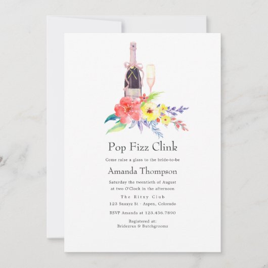 Aquarellblume Pop Fizz Clink Brautparty Einladung (Vorderseite)
