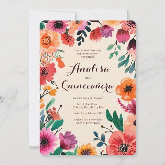 Aquarellblume Quinceñera CUSTOM Einladung (Vorderseite)