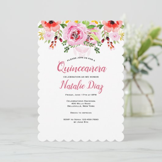 Aquarellblume Quinceñera Einladung (Stehend Vorderseite)