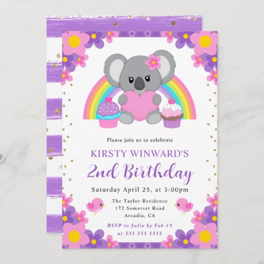 Aquarellblume Regenbogen Koala Geburtstag Einladung (Vorne/Hinten)
