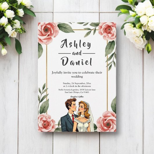 Aquarellblume Romantische Braut- und Bräutigam-Hoc Einladung