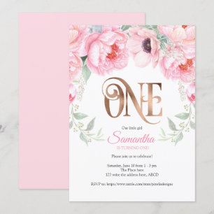 Aquarellblume, Rose gold, Mädchen, erster Geburtst Einladung