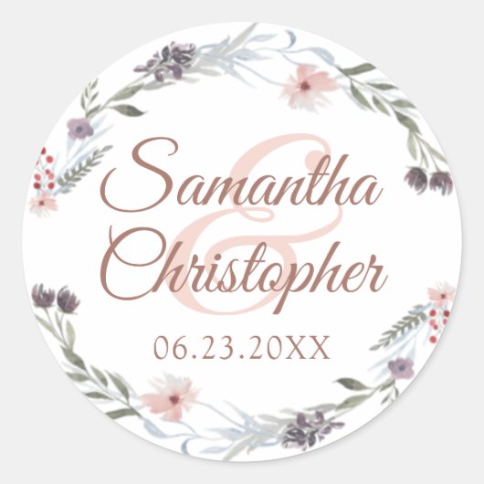 Aquarellblume Rose Gold Script Hochzeitsszenario S Runder Aufkleber (Vorderseite)