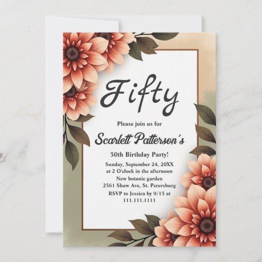 Aquarellblume Rustikale Romantik 50. Geburtstag Einladung (Vorderseite)