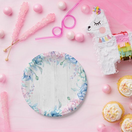 Aquarellblume & rustikaler Holzbauernhof Geburtsta Pappteller (Party)