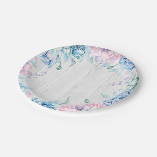 Aquarellblume & rustikaler Holzbauernhof Geburtsta Pappteller (Schrägansicht)