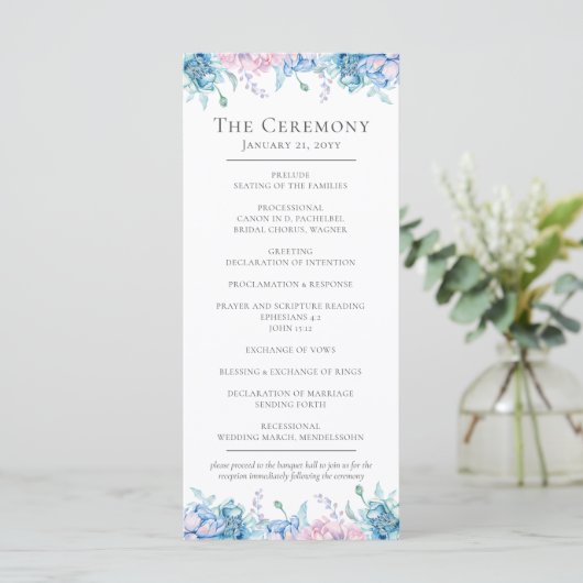 Aquarellblume & rustikales Holzhaus Hochzeit Programm (Stehend Vorderseite)