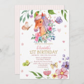 Aquarellblume Schmetterlingspony Streifen Geburtst Einladung (Vorne/Hinten)