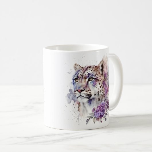 Aquarellblume Schneeleopard Sublimation Kaffeetasse (VorderseiteRechts)