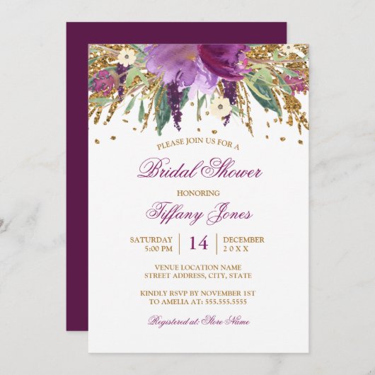 Aquarellblume Sparkling Amethyst-Brautparty Einladung (Vorne/Hinten)