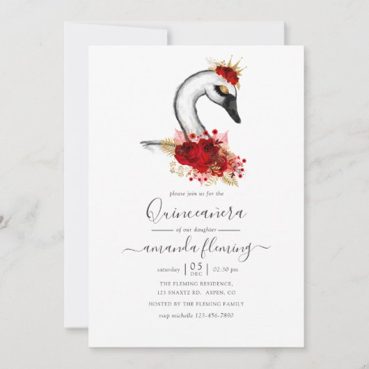 Aquarellblume Swan Quinceñera Einladung (Vorderseite)
