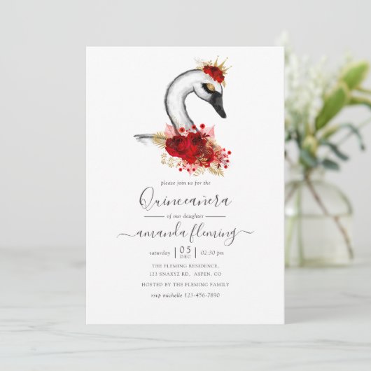 Aquarellblume Swan Quinceñera Einladung (Stehend Vorderseite)