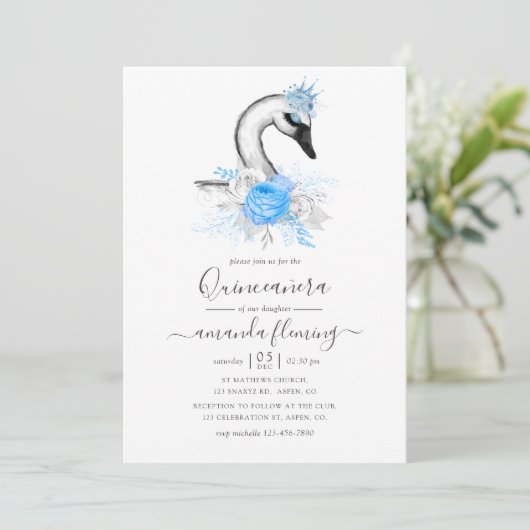 Aquarellblume Swan Quinceñera Einladung (Stehend Vorderseite)