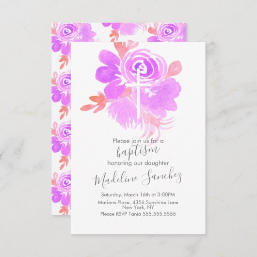 Aquarellblume Taufe Lila Kinderkrankheit Einladung (Vorne/Hinten)