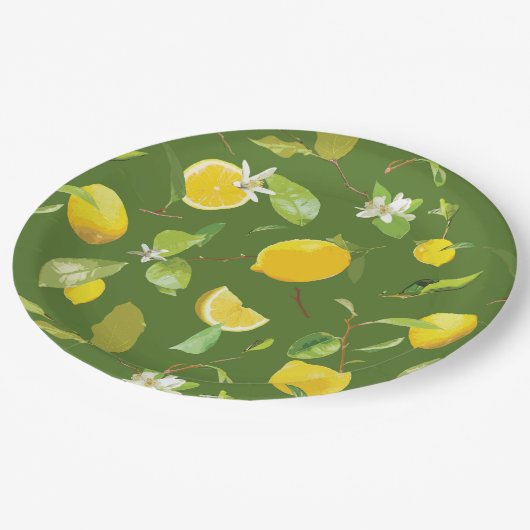 Aquarellblume und Blätter 5 Pappteller (Schrägansicht)